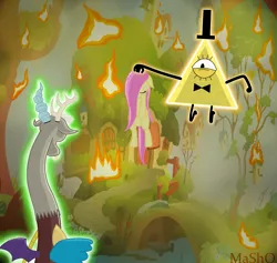 Size: 1900x1800 | Tagged: artist:mashoart, bill cipher, bird house, crossover, dead source, derpibooru import, discord, fire, fluttershy, fluttershy's cottage, gravity falls, implied death, semi-grimdark, tree, xk-class end-of-the-world scenario