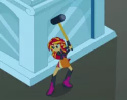 Size: 521x412 | Tagged: safe, derpibooru import, screencap, sunset shimmer, equestria girls, equestria girls (movie), boots, clothes, cropped, hammer, high heel boots, isometric, jacket, leather jacket, needs more jpeg, shoes, skirt, sledgehammer, solo