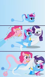 Size: 4096x6976 | Tagged: safe, artist:parclytaxel, derpibooru import, pinkie pie, rarity, oc, oc:parcly taxel, alicorn, earth pony, genie, genie pony, pony, unicorn, ain't never had friends like us, albumin flask, ask generous genie rarity, .svg available, absurd resolution, alicorn oc, armband, ask, bedroom eyes, blushing, bottle, canon x oc, comic, confetti, dancing, eyes closed, female, floating, frown, gem, gradient background, headband, horn, horn ring, jewelry, lesbian, lidded eyes, makeup, mare, open mouth, parity, party cannon, raised hoof, raripie, ring, screaming, shipping, shocked, smiling, startled, surprised, tangled up, tired, tongue out, trio, tumblr, vector, veil, wings