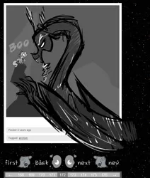 Size: 662x782 | Tagged: artist:egophiliac, ask, boo, cartographer's cap, derpibooru import, discord, female, filly, fourth wall, grayscale, hat, monochrome, moonstuck, princess luna, raised hoof, safe, tumblr, woona, younger