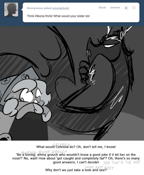 Size: 666x809 | Tagged: artist:egophiliac, ask, cartographer's cap, derpibooru import, discord, female, filly, grayscale, hat, monochrome, moonstuck, princess luna, safe, tumblr, woona, younger