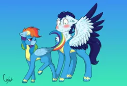 Size: 1024x693 | Tagged: suggestive, artist:colourstrike, derpibooru import, rainbow dash, soarin', pony, blushing, chest fluff, clothes, colored wings, colored wingtips, female, flirt, flirting, gradient background, male, shipping, soarindash, spread wings, straight, tail seduce, uniform, wingboner, wings, wonderbolts uniform