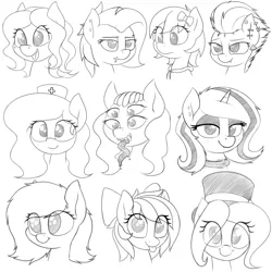 Size: 4000x4000 | Tagged: safe, artist:zippysqrl, derpibooru import, oc, oc:charcoal, oc:four eyes, oc:hattsy, oc:lavender (neighday), oc:lilith, oc:melon frost, oc:nikita, oc:nurse bonesaw, oc:stone, oc:whinny, unofficial characters only, pony, unicorn, bow, bust, collar, ear piercing, earring, eyebrow piercing, eyeshadow, four eyes, frown, grayscale, hair bow, happy, hat, jewelry, lidded eyes, lip piercing, long tongue, looking at you, makeup, monochrome, multiple eyes, nurse hat, open mouth, piercing, simple background, sketch, sketch dump, smiling, smirk, tongue out, top hat, white background