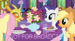 Size: 1277x701 | Tagged: safe, derpibooru import, screencap, applejack, clypeus, fluttershy, rarity, changedling, changeling, pony, celestial advice, background changeling, bouquet, flower, twilight's castle