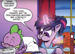 Size: 910x650 | Tagged: safe, artist:andypriceart, derpibooru import, idw, spike, twilight sparkle, twilight sparkle (alicorn), alicorn, dragon, pony, spoiler:comic, spoiler:comic48, accord (arc), adorkable, aweeg*, clothes, cute, dork, food, glasses, glowing horn, horn, morning ponies, mug, my friends and zoidberg, newspaper, oatmeal, oats, pajamas, spikabetes, spoon, twiabetes