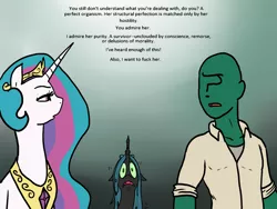 Size: 2400x1800 | Tagged: suggestive, artist:pony quarantine, derpibooru import, princess celestia, queen chrysalis, oc, oc:anon, alicorn, changeling, human, pony, alien (franchise), clothes, dialogue, fear, female, floppy ears, frown, human male, humor, lidded eyes, male, mare, open mouth, scared, shaking, shirt, shivering, simple background, squint, vulgar, wide eyes