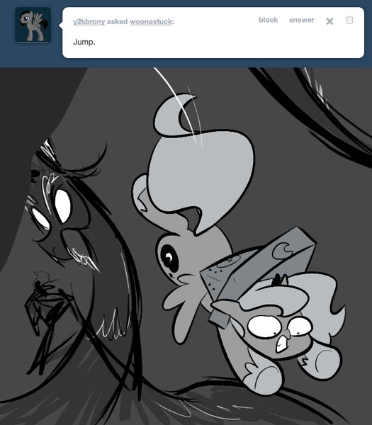 Size: 666x761 | Tagged: artist:egophiliac, ask, cartographer's cap, derpibooru import, discord, female, filly, grayscale, hat, monochrome, moonstuck, princess luna, safe, tumblr, woona, woonoggles, younger