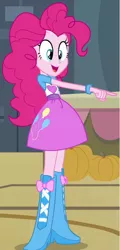 Size: 412x855 | Tagged: safe, derpibooru import, pinkie pie, equestria girls, equestria girls (movie), balloon, boots, bracelet, clothes, cute, high heel boots, jewelry, pointing, pumpkin, shoes, skirt, solo