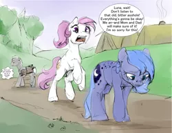 Size: 3300x2550 | Tagged: safe, artist:silfoe, derpibooru import, princess celestia, princess luna, oc, earth pony, pony, royal sketchbook, colored sketch, crying, dialogue, faggot (bundle of sticks), female, male, mare, pink-mane celestia, royal sisters, s1 luna, sad, speech bubble, stallion, thought bubble, vulgar, younger