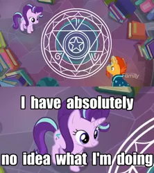 Size: 1280x1440 | Tagged: safe, derpibooru import, edit, edited screencap, screencap, starlight glimmer, sunburst, pony, celestial advice, book, i have no idea what i'm doing, magic, magic circle, summoning circle, what could possibly go wrong