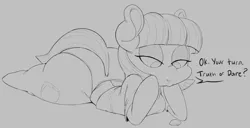 Size: 1174x600 | Tagged: arm hooves, artist:purple-yoshi-draws, ass, boulder buns, boulder (pet), butt, clothes, derpibooru import, dialogue, female, gray background, grayscale, lidded eyes, maud pie, monochrome, open mouth, panties, prone, semi-anthro, shirt, simple background, solo, solo female, suggestive, the ass was fat, truth or dare, underwear