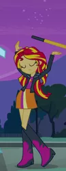 Size: 377x969 | Tagged: safe, derpibooru import, screencap, sunset shimmer, equestria girls, equestria girls (movie), boots, clothes, cropped, eyes closed, hammer, high heel boots, jacket, leather jacket, shoes, skirt, sledgehammer, solo