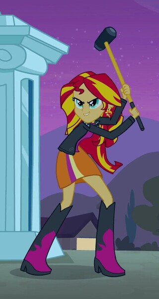 Size: 475x892 | Tagged: safe, derpibooru import, screencap, sunset shimmer, equestria girls, equestria girls (movie), animation error, boots, clothes, ear piercing, earring, hammer, high heel boots, jacket, jewelry, leather jacket, piercing, shoes, skirt, sledgehammer, smiling, solo, statue