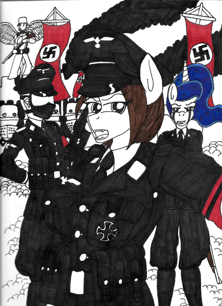 Size: 1600x2200 | Tagged: anthro, armband, artist:aboveall3, badass, derpibooru import, edgy, führer, human, nazi, nazi armband, nazi germany, nazipone, oc, oc:adele hitler, oc:nathan, princess luna, reich, safe