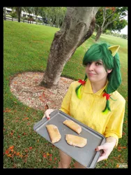 Size: 3456x4608 | Tagged: absurd file size, absurd resolution, apple family member, apple fritter, apple fritter (food), artist:krazykari, clothes, cosplay, costume, derpibooru import, food, human, irl, irl human, photo, safe, solo, tray, tree