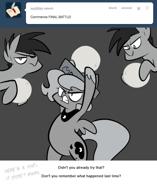 Size: 666x785 | Tagged: safe, artist:egophiliac, derpibooru import, princess luna, oc, oc:frolicsome meadowlark, oc:sunshine smiles (egophiliac), bat pony, pony, moonstuck, ask, bipedal, cartographer's cap, female, filly, grayscale, hat, lunar stone, monochrome, tumblr, woona, younger