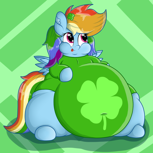 Size: 1024x1028 | Tagged: safe, artist:dullpoint, derpibooru import, rainbow dash, belly, big belly, chubby cheeks, clothes, fat, holiday, obese, rainblob dash, saint patrick's day, solo, tongue out, tubby wubby pony waifu