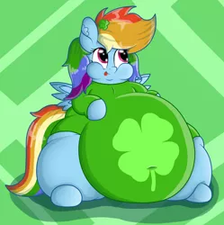 Size: 1024x1028 | Tagged: safe, artist:dullpoint, derpibooru import, rainbow dash, belly, big belly, chubby cheeks, clothes, fat, holiday, obese, rainblob dash, saint patrick's day, solo, tongue out, tubby wubby pony waifu