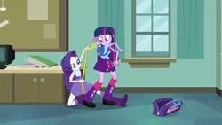 Size: 1920x1080 | Tagged: safe, derpibooru import, screencap, rarity, spike, twilight sparkle, dog, equestria girls, equestria girls (movie), backpack, bag, book, boots, bowtie, bracelet, classroom, clothes, computer, high heel boots, jewelry, leg warmers, measuring tape, shoes, skirt, spike the dog, window