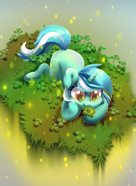 Size: 1475x2005 | Tagged: safe, artist:dawnfire, derpibooru import, lyra heartstrings, pony, unicorn, clover, cute, four leaf clover, grass, holiday, lyrabetes, prone, saint patrick's day, smiling, solo