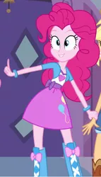 Size: 366x642 | Tagged: safe, derpibooru import, screencap, applejack, pinkie pie, equestria girls, equestria girls (movie), balloon, bell, boots, bracelet, carousel boutique, clothes, cowboy boots, door, freckles, high heel boots, holding hands, jewelry, shoes, skirt