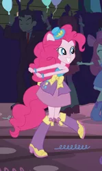 Size: 480x807 | Tagged: safe, derpibooru import, screencap, apple bloom, pinkie pie, teddy t. touchdown, velvet sky, equestria girls, equestria girls (movie), apple bloom's bow, balloon, boots, bow, clothes, cowboy boots, fall formal, fall formal outfits, hair bow, hat, high heel boots, pony ears, ponytail, raised leg, shoes, streamers, top hat, tuxedo