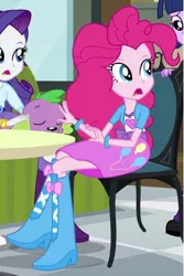Size: 343x514 | Tagged: safe, derpibooru import, screencap, pinkie pie, rarity, spike, twilight sparkle, dog, equestria girls, equestria girls (movie), balloon, boots, bracelet, chair, high heel boots, jewelry, open mouth, shoes, spike the dog
