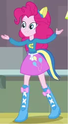 Size: 352x636 | Tagged: safe, derpibooru import, screencap, equestria girls, equestria girls (movie), balloon, boots, clothes, helping twilight win the crown, high heel boots, raised leg, shoes, skirt, solo, wondercolts uniform