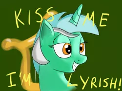 Size: 1500x1123 | Tagged: safe, artist:itsthinking, derpibooru import, lyra heartstrings, pony, unicorn, bust, female, green background, holiday, lidded eyes, lyrish, portrait, pun, saint patrick's day, simple background, smiling, solo, text