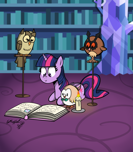 Size: 2595x2960 | Tagged: safe, artist:befishproductions, derpibooru import, owlowiscious, twilight sparkle, twilight sparkle (alicorn), alicorn, bird, hoothoot, owl, pony, rowlet, book, candle, high res, perch, pokémon, prone, reading, signature