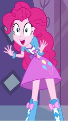 Size: 334x592 | Tagged: safe, derpibooru import, pinkie pie, equestria girls, equestria girls (movie), balloon, boots, bracelet, carousel boutique, clothes, door, high heel boots, jazz hands, jewelry, looking at you, shoes, skirt