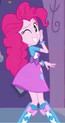 Size: 325x616 | Tagged: safe, derpibooru import, screencap, pinkie pie, equestria girls, equestria girls (movie), balloon, boots, bracelet, carousel boutique, clothes, door, grin, happy, high heel boots, jewelry, looking at you, one eye closed, shoes, skirt, smiling, solo, wink