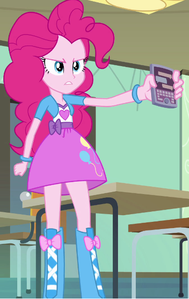 Size: 394x624 | Tagged: safe, derpibooru import, pinkie pie, equestria girls, equestria girls (movie), angry, balloon, boots, bracelet, chair, classroom, clothes, door, high heel boots, iphone, jewelry, shoes, skirt, table