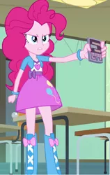 Size: 394x624 | Tagged: safe, derpibooru import, pinkie pie, equestria girls, equestria girls (movie), angry, balloon, boots, bracelet, chair, classroom, clothes, door, high heel boots, iphone, jewelry, shoes, skirt, table