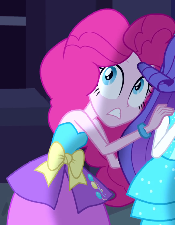 Size: 356x457 | Tagged: safe, derpibooru import, pinkie pie, rarity, equestria girls, equestria girls (movie), balloon, bracelet, fall formal outfits, hand on shoulder, jewelry, scared, sparkles