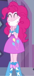 Size: 294x646 | Tagged: safe, derpibooru import, pinkie pie, equestria girls, equestria girls (movie), balloon, boots, bracelet, carousel boutique, clothes, cute, door, eyes closed, hands together, high heel boots, jewelry, shoes, skirt, smiling