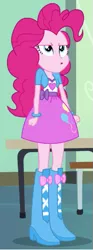 Size: 199x534 | Tagged: safe, derpibooru import, pinkie pie, equestria girls, equestria girls (movie), angry, balloon, boots, bracelet, chair, classroom, clothes, high heel boots, jewelry, shoes, skirt, table