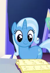 Size: 598x869 | Tagged: safe, derpibooru import, screencap, trixie, pony, unicorn, all bottled up, cropped, cute, cutie map, diatrixes, female, happy, magic, mare, smiling, solo, twilight's castle