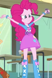 Size: 417x624 | Tagged: safe, derpibooru import, applejack, pinkie pie, equestria girls, equestria girls (movie), angry, balloon, boots, bracelet, chair, classroom, clothes, cowboy boots, door, high heel boots, iphone, jewelry, shoes, skirt, solo focus, table