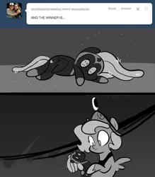 Size: 666x761 | Tagged: artist:egophiliac, ask, cartographer's element of courage, dark woona, derpibooru import, doll, female, filly, grayscale, monochrome, moonstuck, nightmare moon, nightmare woon, princess luna, safe, toy, tumblr, woona, younger
