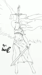 Size: 768x1366 | Tagged: anthro, armpits, artist:kys-inez, blindfold, clothes, derpibooru import, dress, justice, justitia, lady justice (goddess), monochrome, princess celestia, safe, scales, scales of justice, simple background, solo, spread wings, sword, vulgar, weapon, wings