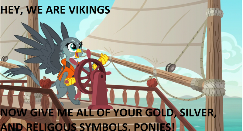 Size: 1928x1044 | Tagged: safe, derpibooru import, edit, edited screencap, screencap, gabby, gryphon, caption, danegeld, exploitable meme, gabby's shanty, history, image macro, meme, text, viking