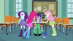 Size: 1100x618 | Tagged: safe, derpibooru import, screencap, fluttershy, pinkie pie, rarity, twilight sparkle, equestria girls, equestria girls (movie), angry, backpack, book, boots, chair, classroom, clothes, egghead, faic, high heel boots, incomplete twilight strong, jewelry, raised leg, shoes, skirt, socks, television