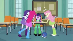 Size: 1100x618 | Tagged: safe, derpibooru import, screencap, fluttershy, pinkie pie, rarity, twilight sparkle, equestria girls, equestria girls (movie), angry, backpack, book, boots, bracelet, classroom, clothes, high heel boots, incomplete twilight strong, jewelry, raised leg, shoes, skirt, television