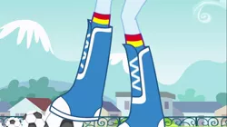 Size: 1100x618 | Tagged: safe, derpibooru import, screencap, rainbow dash, equestria girls, equestria girls (movie), boots, clothes, fence, football, mountain, raised leg, shoes, socks, sports