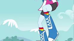 Size: 1100x618 | Tagged: safe, derpibooru import, screencap, rainbow dash, equestria girls, equestria girls (movie), boots, clothes, mountain, raised leg, shoes, skirt, socks