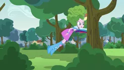 Size: 1280x720 | Tagged: safe, derpibooru import, pinkie pie, rainbow dash, equestria girls, friendship games, pinkie spy (short), balloon, boots, bracelet, bush, clothes, high heel boots, jewelry, open mouth, shoes, skirt, tree, wristband