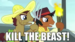 Size: 1280x720 | Tagged: safe, derpibooru import, edit, edited screencap, screencap, beuford, mccree, pony, appleoosa's most wanted, background pony, beauty and the beast, caption, hat, hoof hold, image macro, meme, pitchfork, text, torch