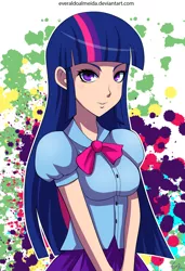 Size: 1080x1578 | Tagged: safe, artist:draftkid, derpibooru import, twilight sparkle, human, equestria girls, equestria girls (movie), abstract background, female, human coloration, humanized, looking at you, smiling, solo