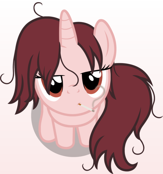 Size: 1324x1415 | Tagged: safe, artist:badumsquish, derpibooru import, part of a set, oc, oc:report, ponified, unofficial characters only, pony, unicorn, derpibooru, badumsquish's kitties, cigarette, derpibooru ponified, female, looking at you, looking up, messy mane, meta, sitting, smoking, solo, unamused